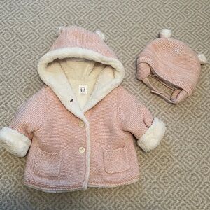 Baby Gap Sherpa Lined pink and Cream Jacket and Hat 3-6M